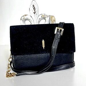 THACKER Black Leather & Suede Flap Crossbody Bag Gold Hardware Quiet Luxury